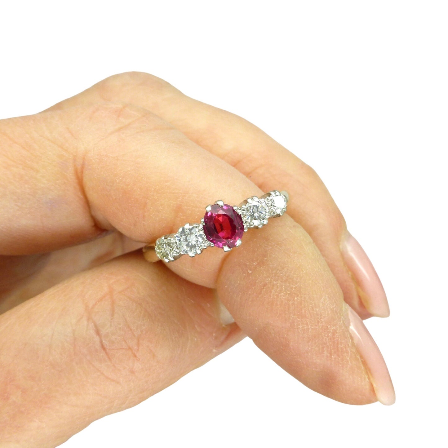 Antique Art Deco 18ct platinum verneuil ruby and diamond five stone ring c1920's