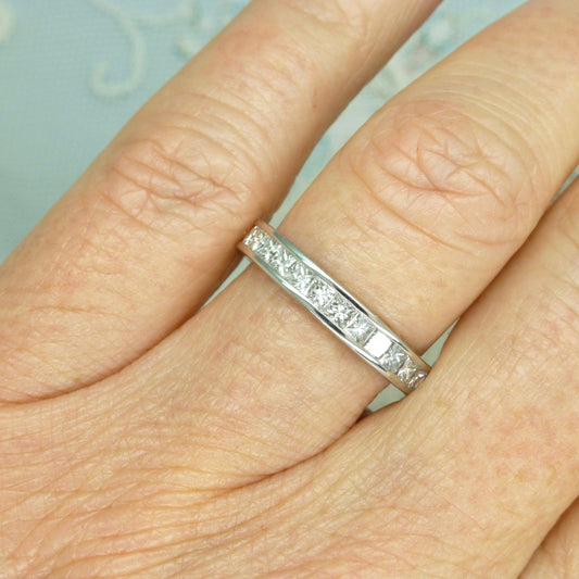 Stunning vintage 18ct white gold channel set Princess cut Diamond full eternity ring 1.45ct ~ wedding band