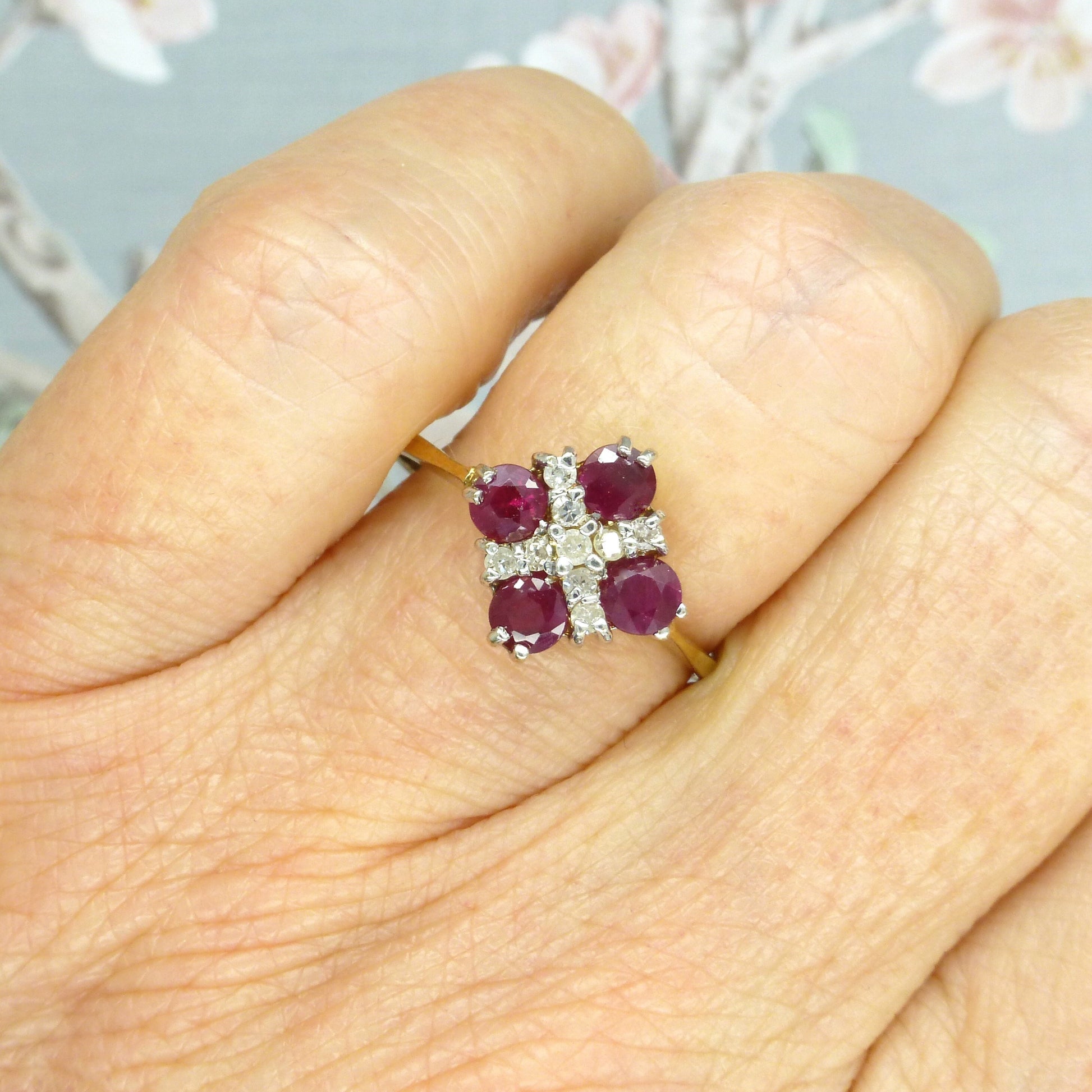 Vintage 9ct gold ruby & diamond square cluster ring ~ engagement ~ anniversary