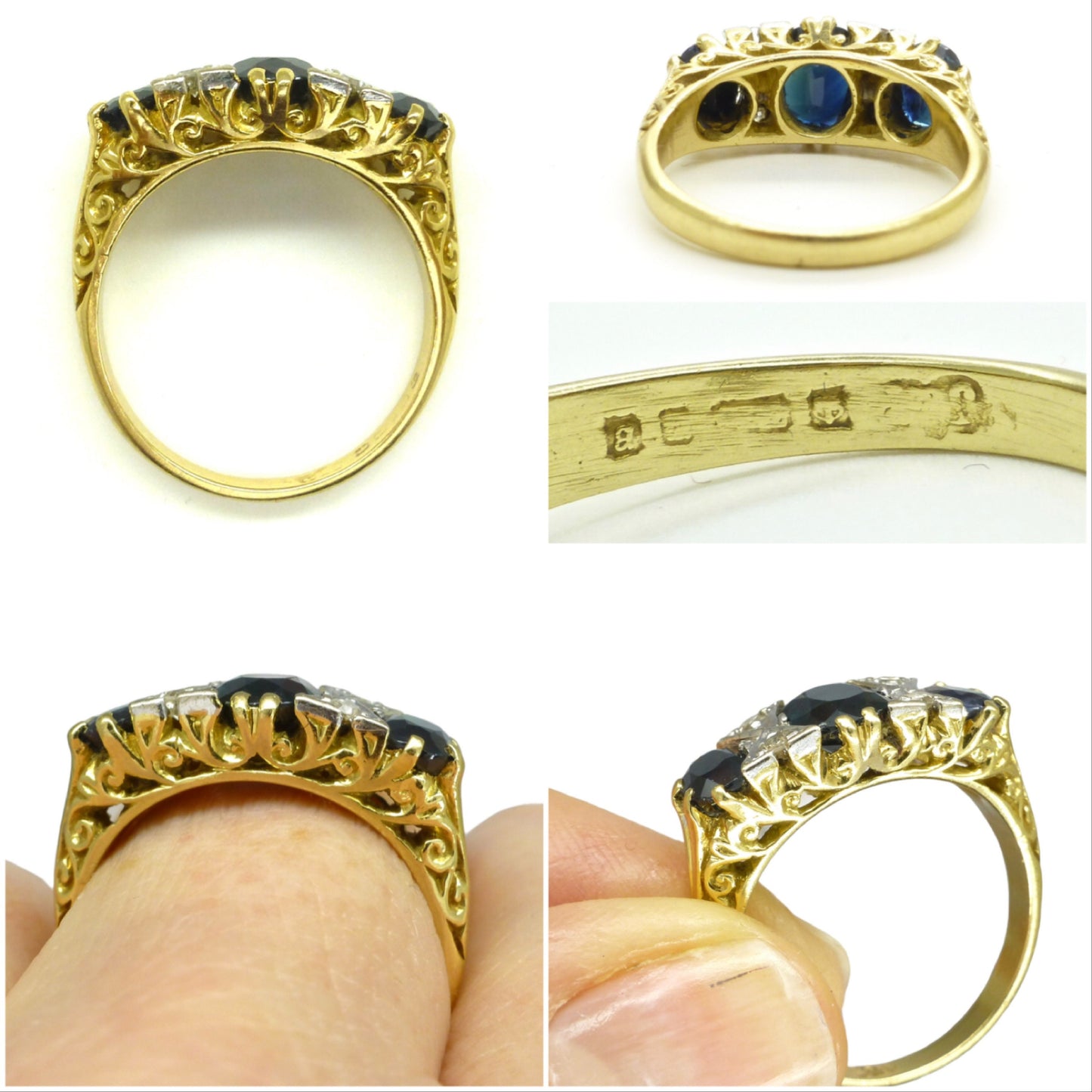 Vintage 18ct gold Sapphire & Diamond Victorian style 3 stone ring 1970's