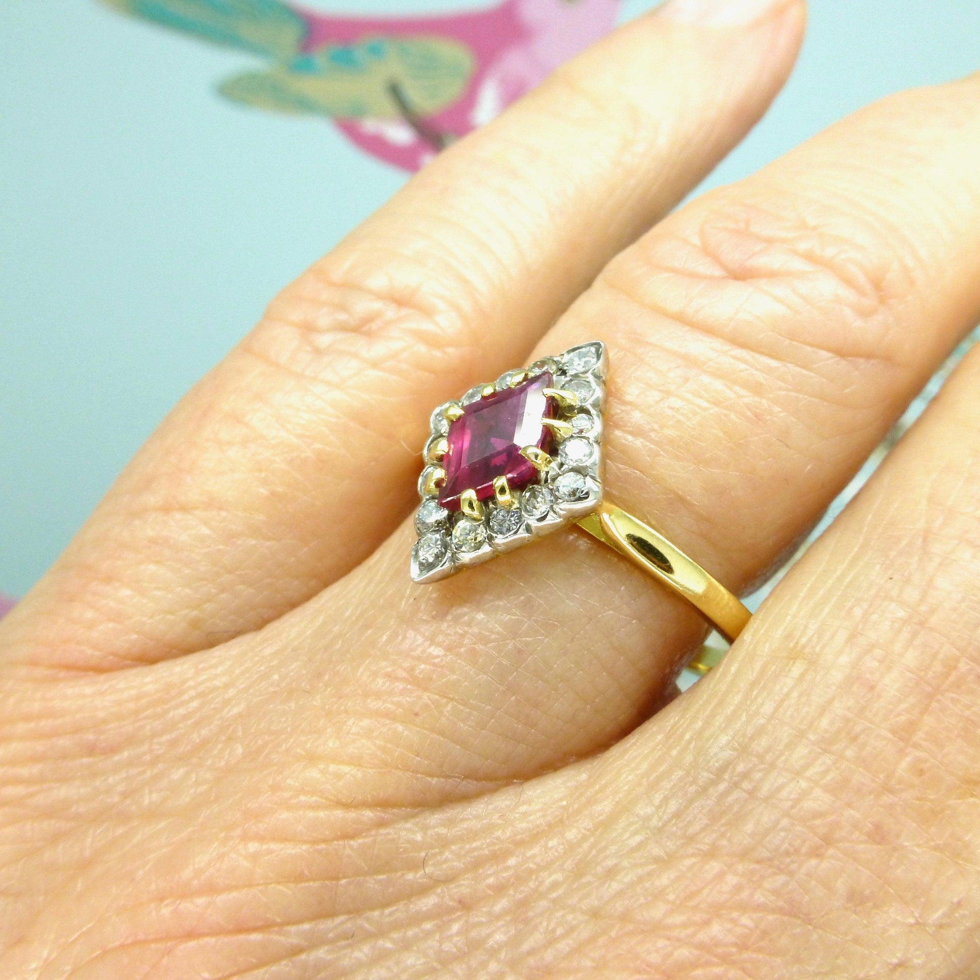 Vintage Art Deco 18ct verneuil ruby & diamond losenge shape cluster ring