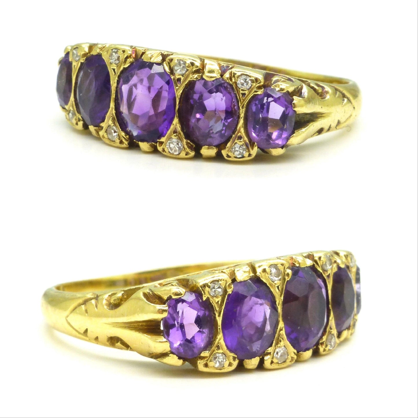 Vintage 18ct gold amethyst diamond five stone ring Chester hallmark 1959 ~ Victorian style