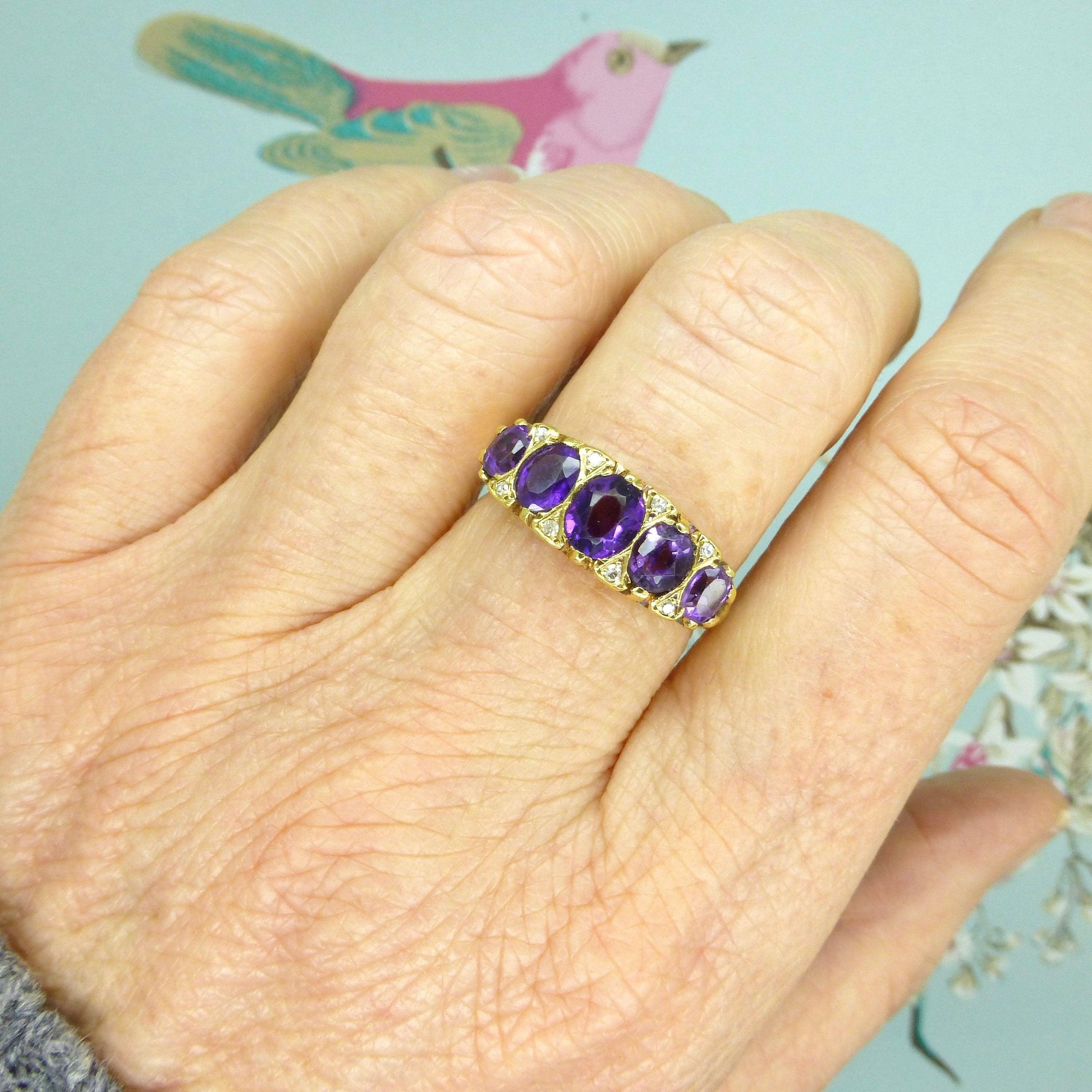 Vintage 18ct gold amethyst diamond five stone ring Chester hallmark 1959 ~ Victorian style