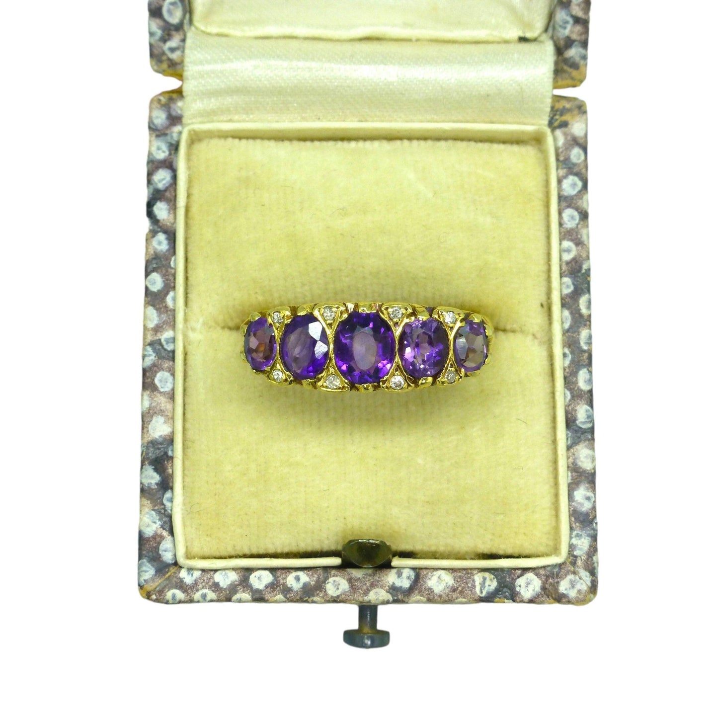 Vintage 18ct gold amethyst diamond five stone ring Chester hallmark 1959 ~ Victorian style