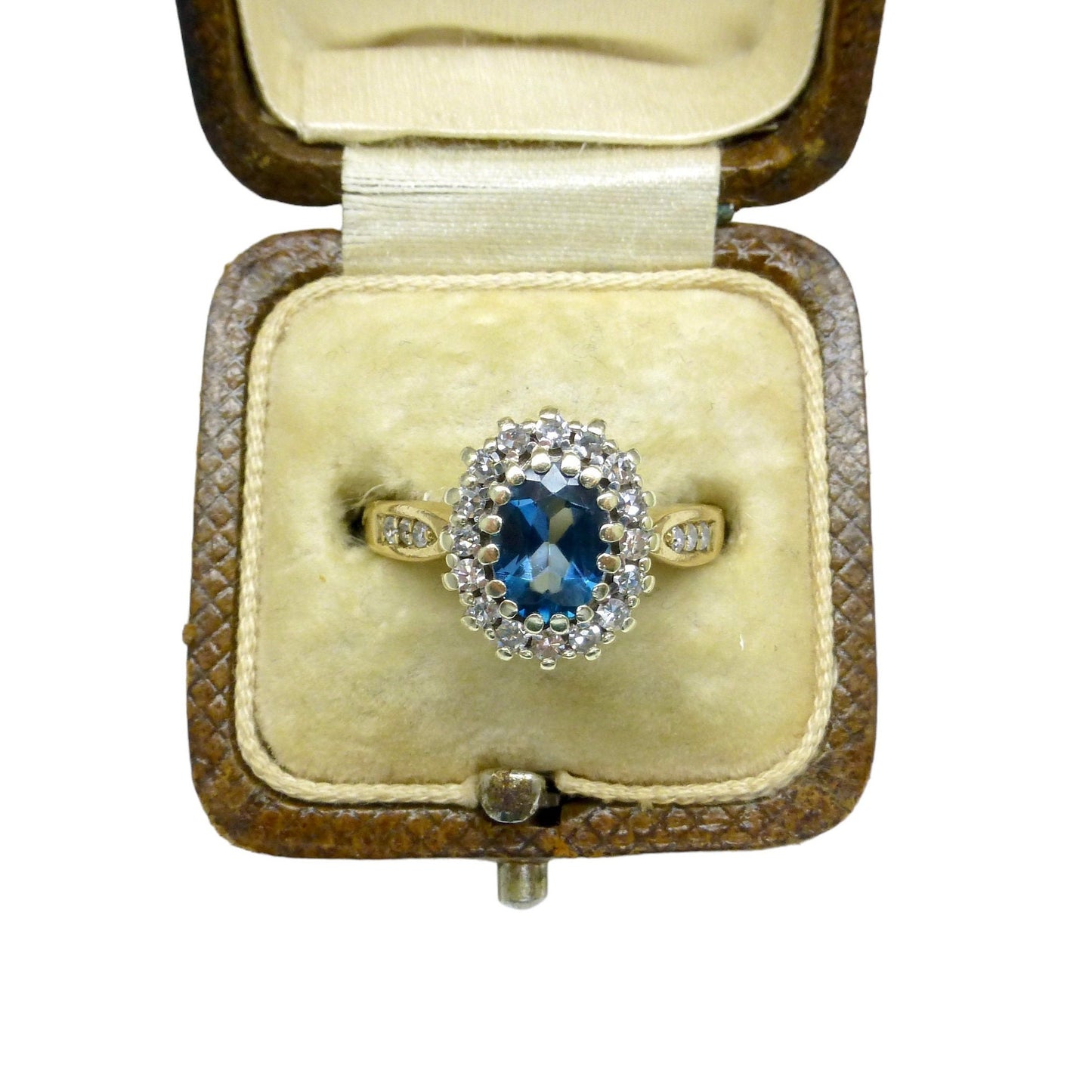 Vintage 9ct gold oval blue topaz and diamond cluster ring