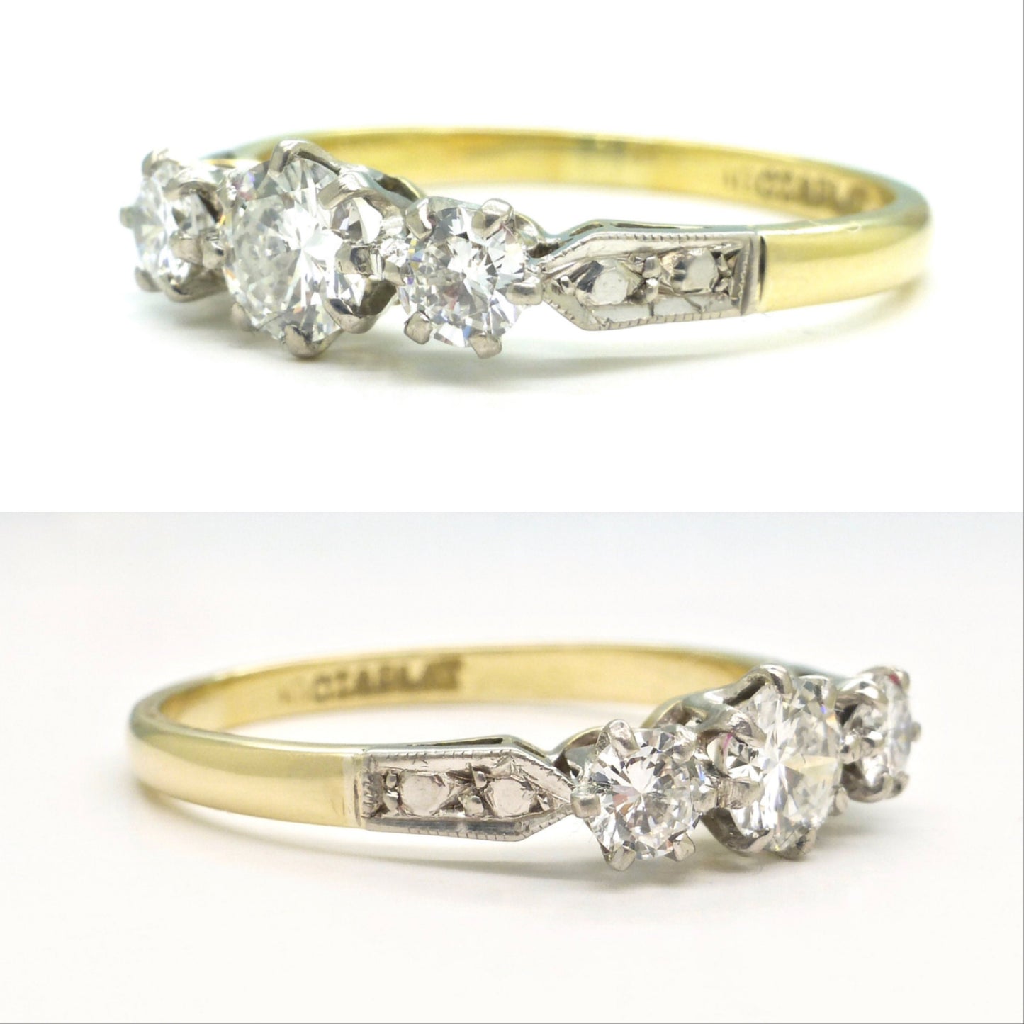 Vintage 18ct Platinum diamond three stone trilogy ring 0.65ct c1930s