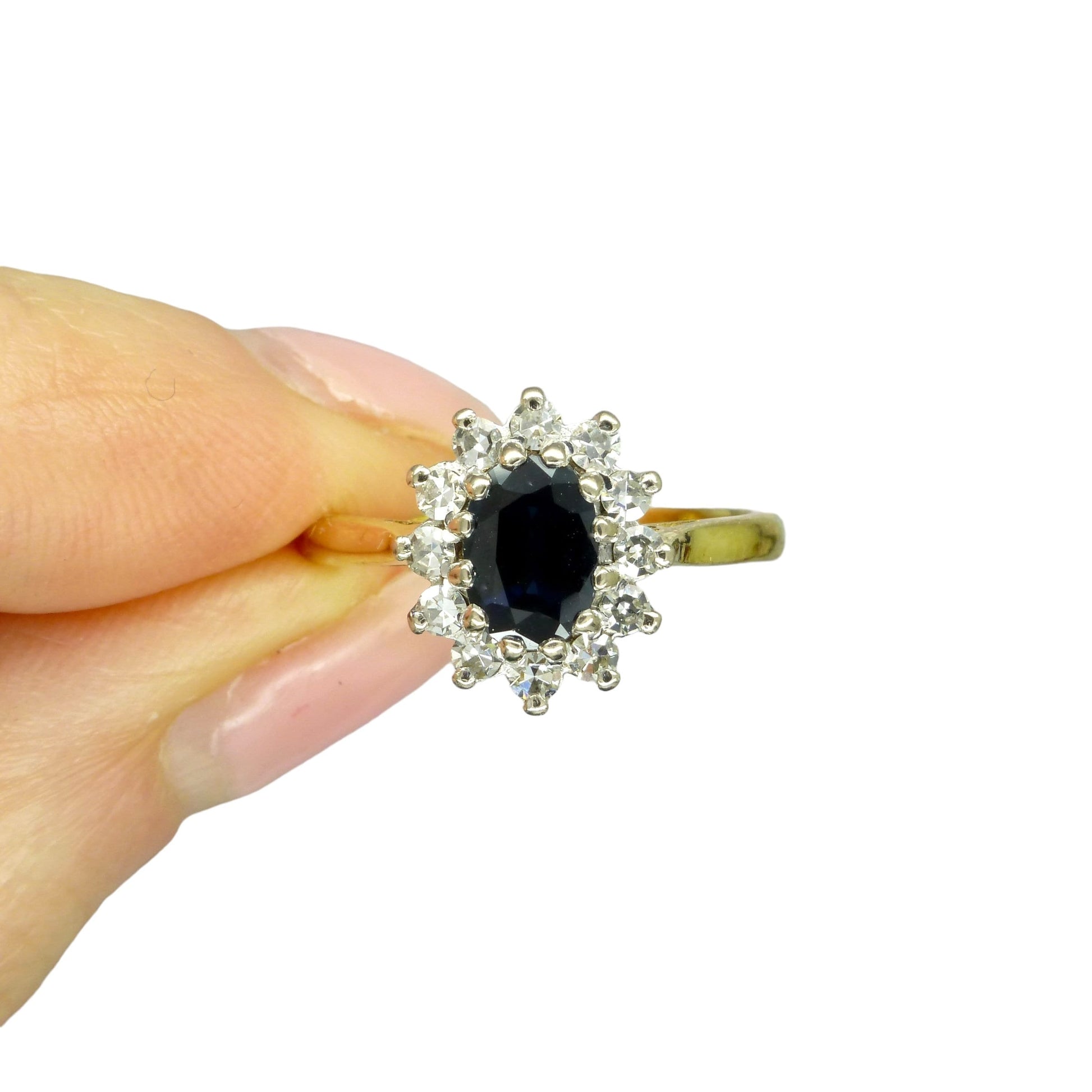 Vintage 18ct gold Sapphire & Diamond oval cluster engagement ring - Princess of Wales ring