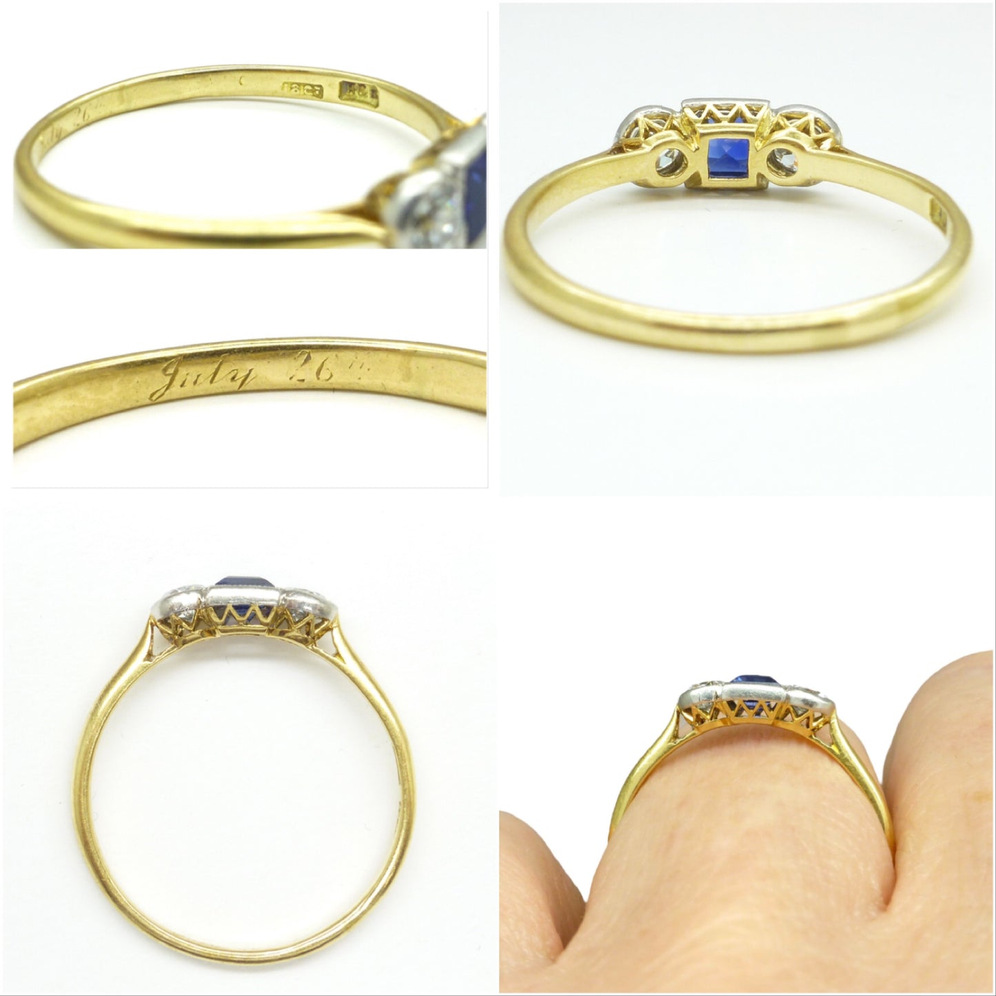Art Deco 18ct Platinum sapphire diamond bezel set trilogy ring c1920's - 1930's ~