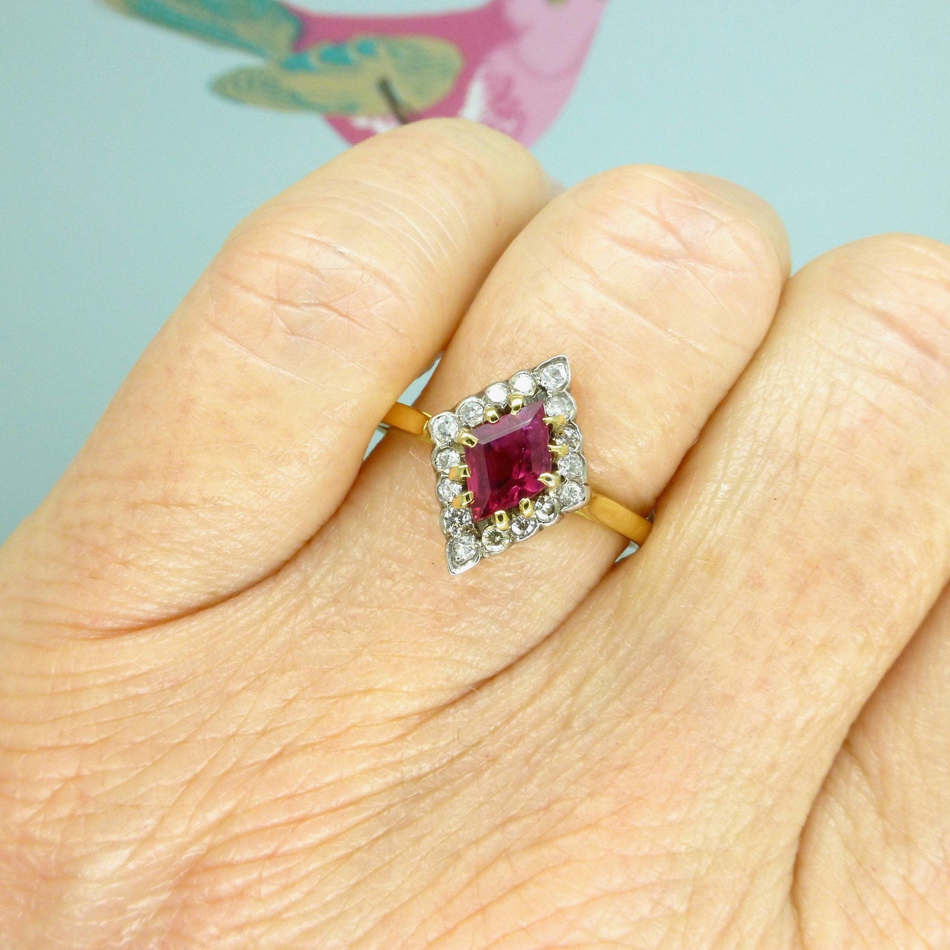 Vintage Art Deco 18ct verneuil ruby & diamond losenge shape cluster ring