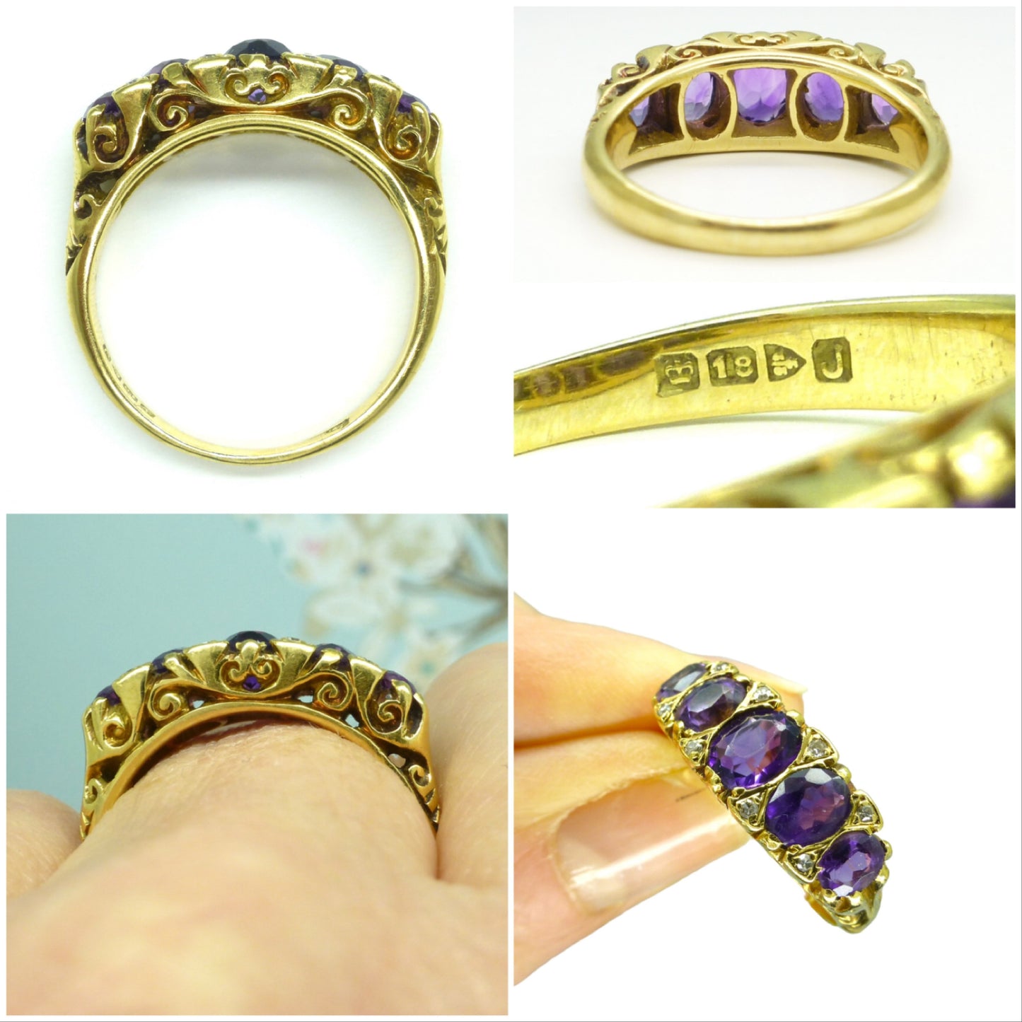 Vintage 18ct gold amethyst diamond five stone ring Chester hallmark 1959 ~ Victorian style