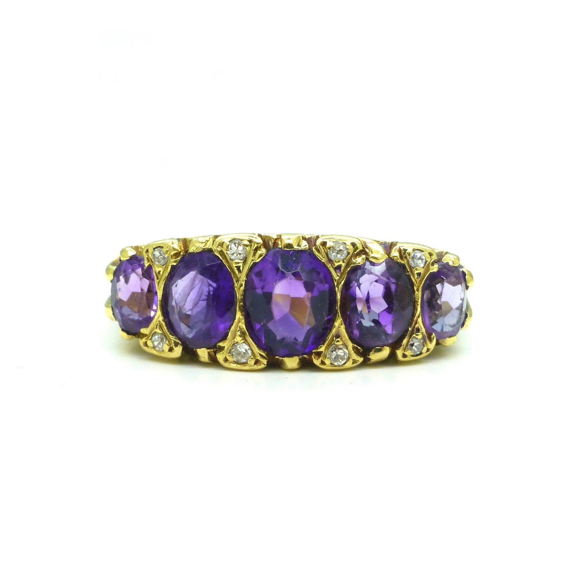 Vintage 18ct gold amethyst diamond five stone ring Chester hallmark 1959 ~ Victorian style