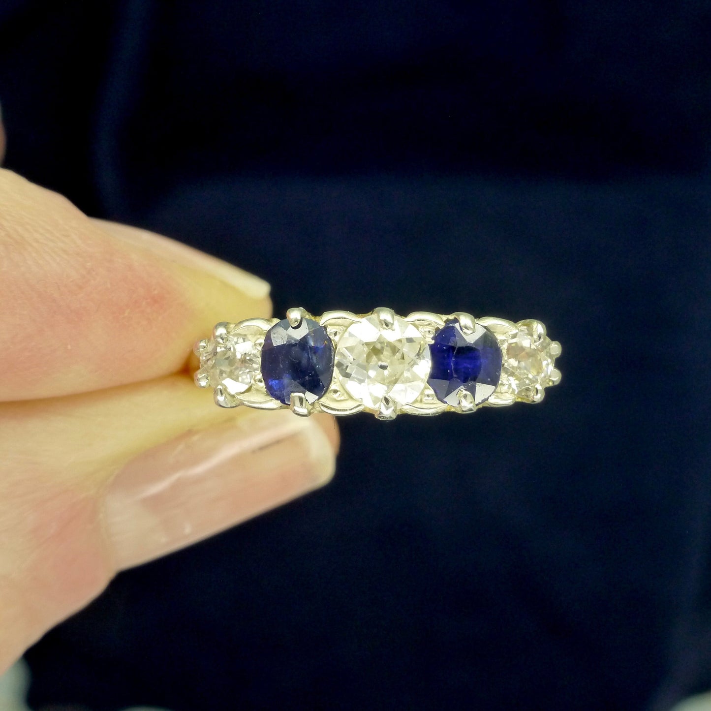 Antique 18ct gold old cut Diamond & Sapphire gypsy style ring c1900's