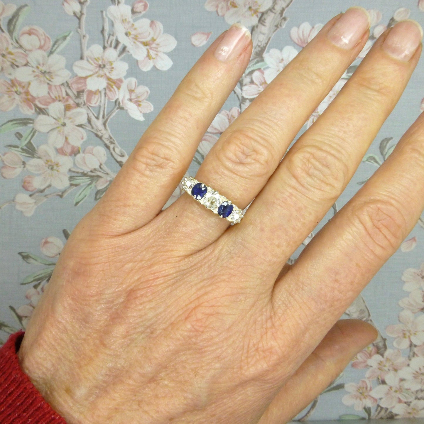 Antique 18ct gold old cut Diamond & Sapphire gypsy style ring c1900's