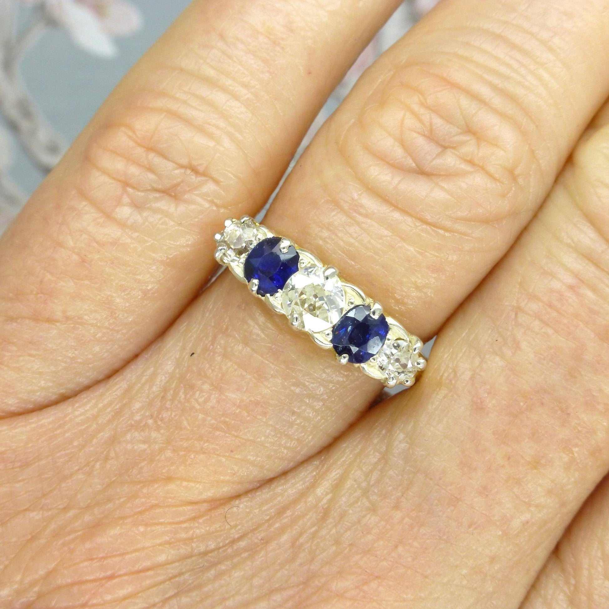 Antique 18ct gold old cut Diamond & Sapphire gypsy style ring c1900's