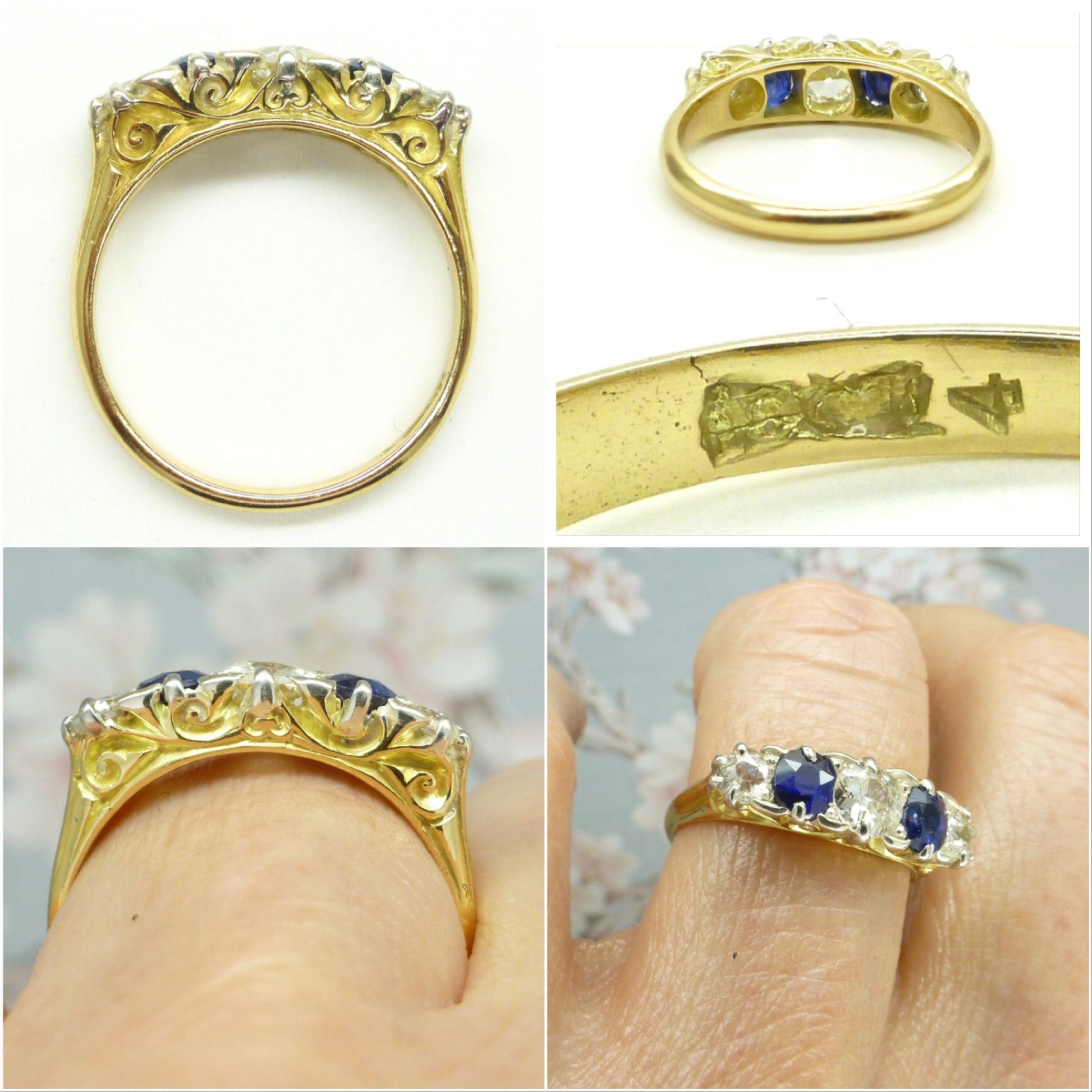 Antique 18ct gold old cut Diamond & Sapphire gypsy style ring c1900's