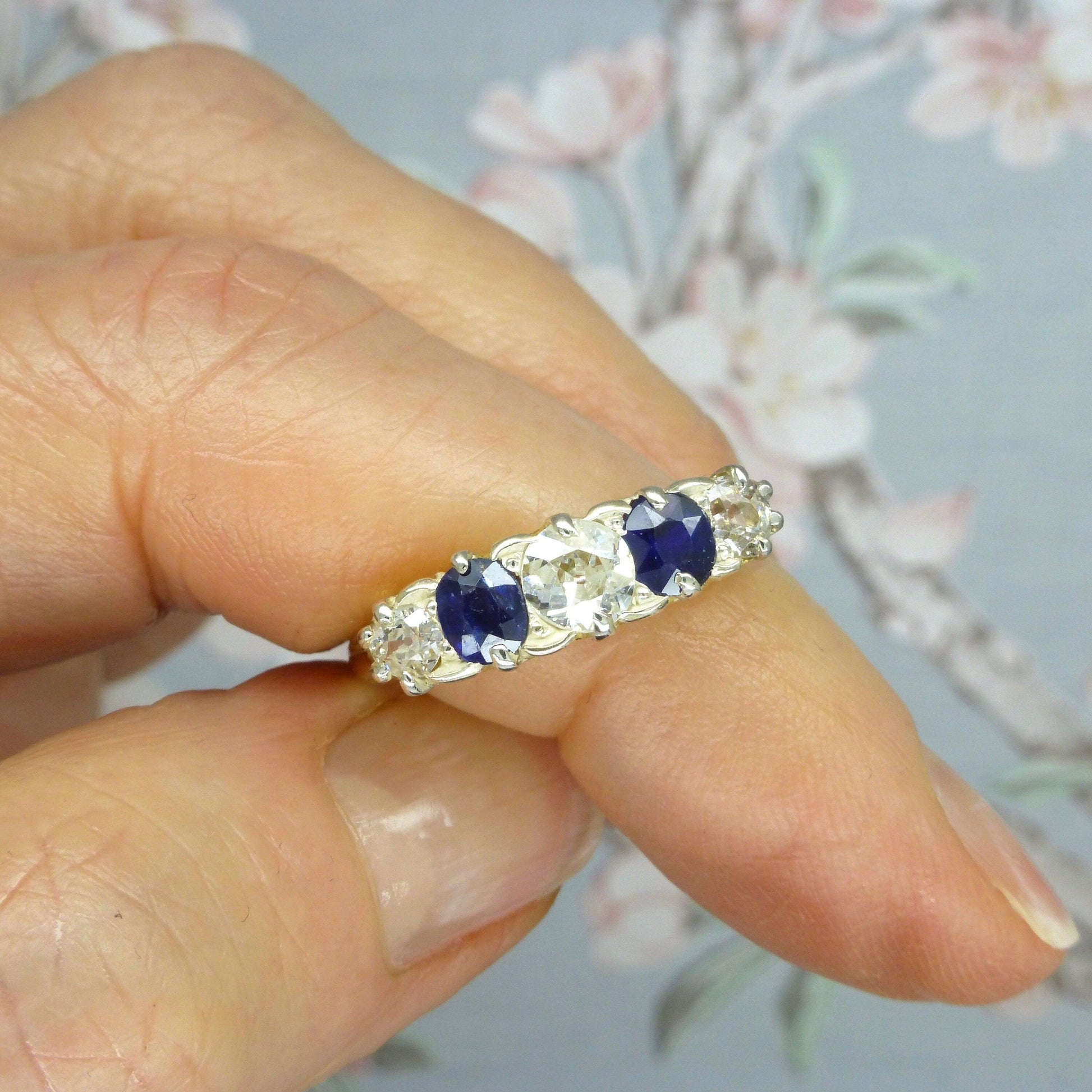 Antique 18ct gold old cut Diamond & Sapphire gypsy style ring c1900's